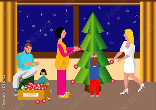 Familia y amigos adornando el árbol de Navidad