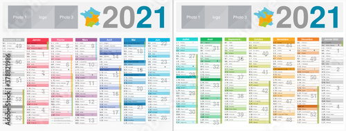 Calendrier 2021 14 mois avec vacances scolaires officielles au format 320 x 420 mm recto verso entièrement modifiable via calques et texte arial 