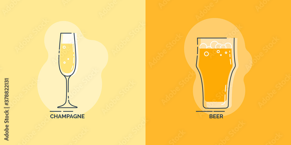 Wineglass champagne and glass beer line art in flat style. Restaurant alcoholic illustration for celebration design. Design contour element. Beverage outline icon. Isolated on color background Wineglass champagne and glass beer line art in flat style. Restaurant alcoholic illustration for celebration design. Design contour element. Beverage outline icon. Isolated on color background