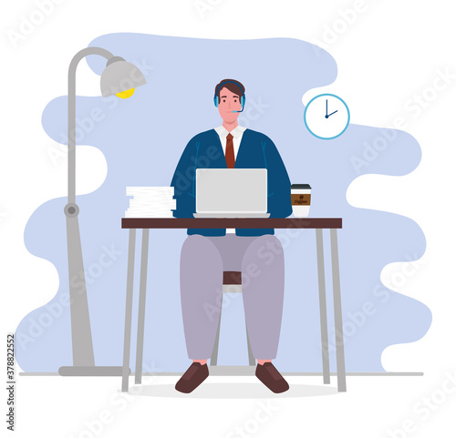 telework, agent male call center working from home vector illustration design
