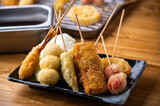 Kushikatsu or Kushiage, japanese Osaka style deep fried skewers