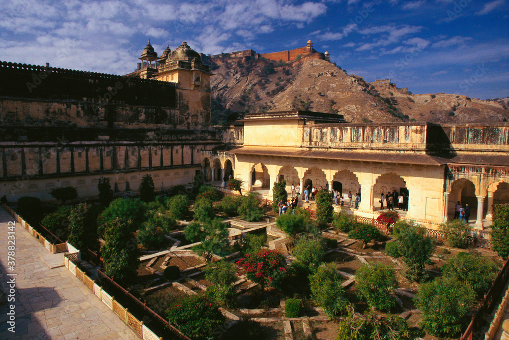 High angle view of a garden in a palace, Amber Fort, Jaipur, Rajasthan, India 