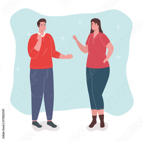 young couple standing talking, avatar character vector illustration design