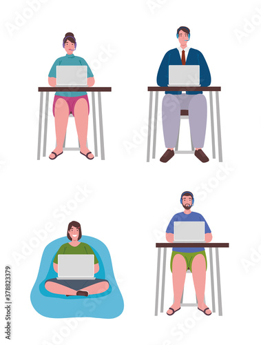 scenes telework, young people working from home vector illustration design