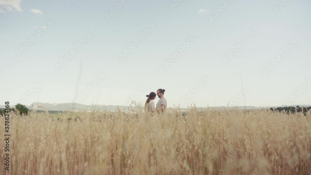Sweet Couple Standing Closely Together In The Middle Of Brown Wheat Field Under Clear Sky - Wide Shot Sweet Couple Standing Closely Together In The Middle Of Brown Wheat Field Under Clear Sky - Wide Shot