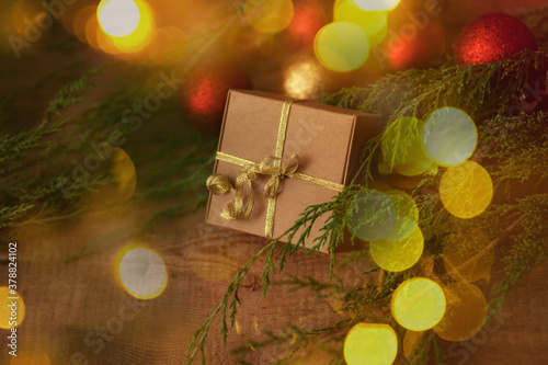 Christmas gift box on wooden background