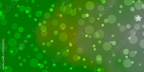 Light Green vector texture with circles, stars. Colorful disks, stars on simple gradient background. Design for textile, fabric, wallpapers.