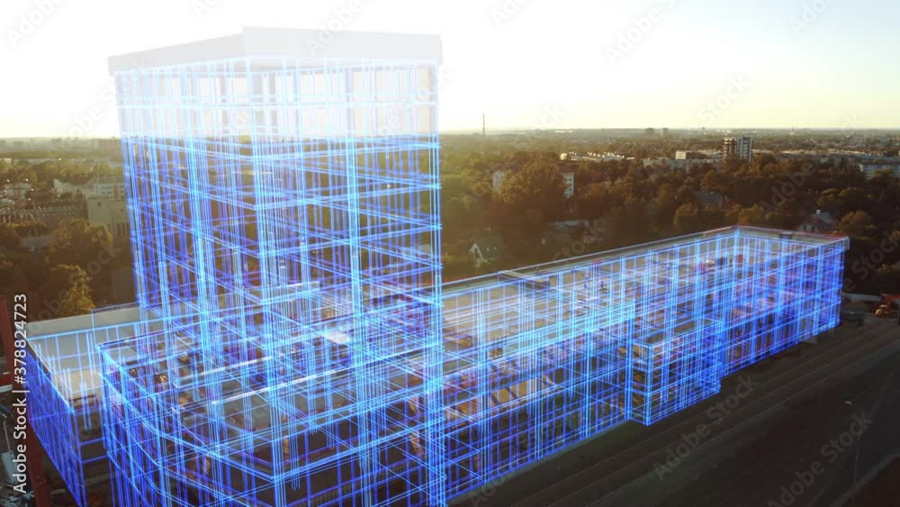 Aerial Drone Footage with VFX Concept: Building Construction Site Becomes Finished Project with 3D Graphics Animation Effects. Visualization, Digitalization of Design, Development of Futuristic City