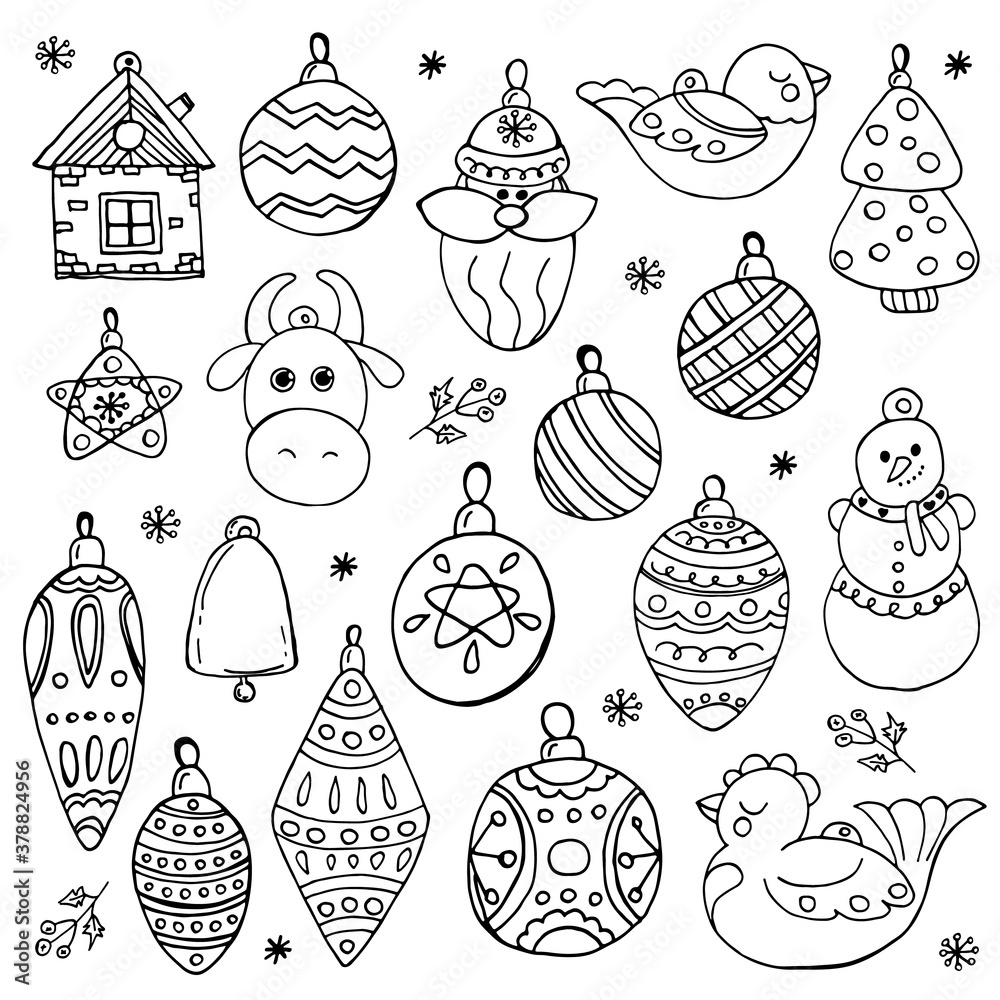 Set of Doodle New Year and Christmas tree balls. Hand-drawn illustrations. Vector image for web, cards, congratulations, posters, textiles, backgrounds.
