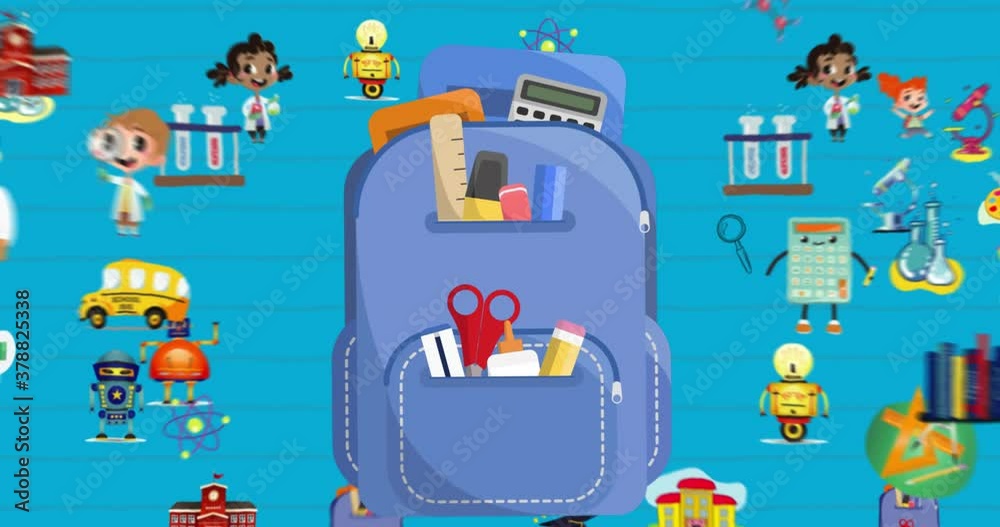 Multiple school concept icons moving against blue background Multiple school concept icons moving against blue background