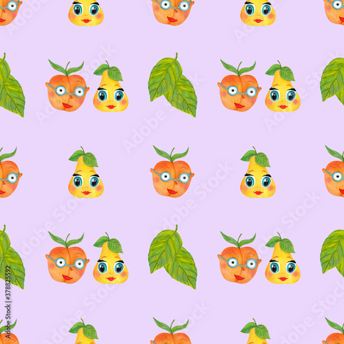 Seamless pattern pair of funny cartoon pear and peach fruits on a lilac background with foliage. Watercolor illustration Vector illustration for packaging  wallpaper  fabric  textile  accessories.
