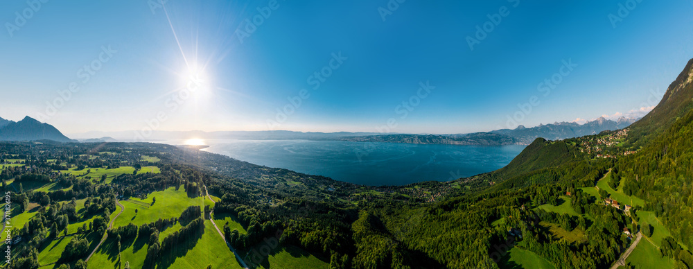 Geneva lake aerial panoramic view from drone