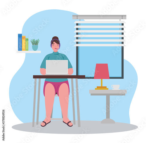 telework, agent female call center working from house vector illustration design