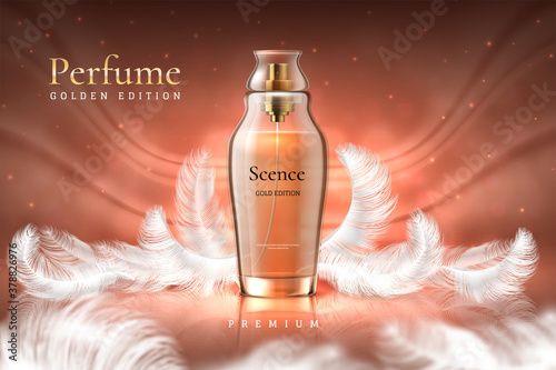 Perfume background. Luxury cosmetic product ad, glass fragrance bottle mockup. Vector aroma water advertisement template with feathers