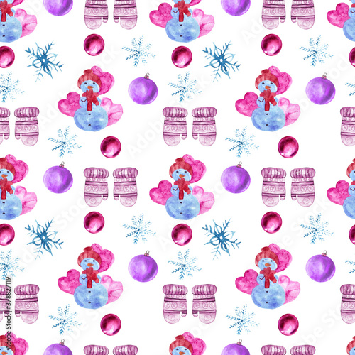 Watercolor Merry Christmas Pink Snowman seamless pattern on white background. For decoupage, wallpaper design, fabrics. 