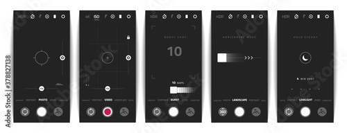 Phone camera. Video and photo mobile application UI with landscape portrait and video recording modes. Vector viewfinder application for it technology