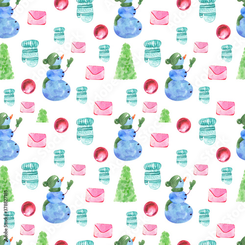 Watercolor Merry Christmas Snowman seamless pattern on white background. For decoupage, wallpaper design, fabrics. Printing of prints and postcards