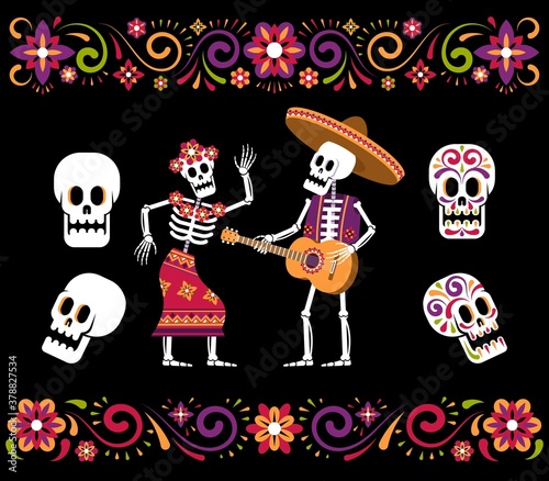 Day of dead skeleton sugar skull and mexican floral ornament. Dia de los muertos decoration. Vector illustration.