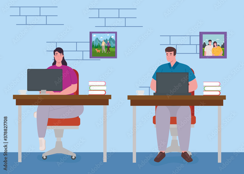 telework, young couple working from home, home office concept vector illustration design