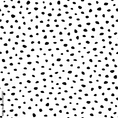 Background polka dot. Seamless pattern. Random dots, snowflakes, circles. Design for fabric, wallpaper. Irregular chaotic abstract texture with messy dots tiled. Repeating pattern with chaotic dots 