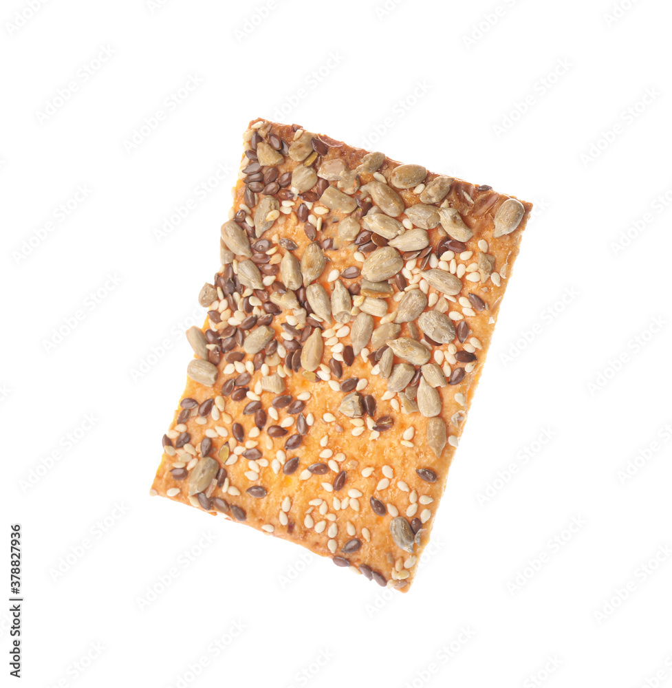 Delicious crispy cracker with different seeds isolated on white Delicious crispy cracker with different seeds isolated on white