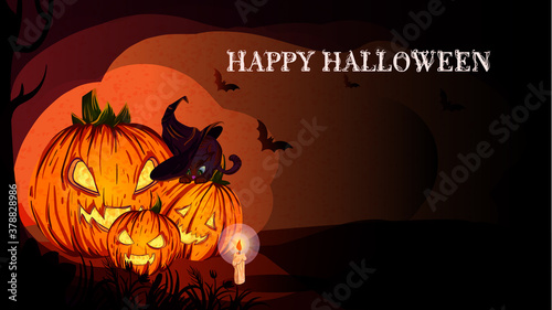 stylized Halloween poster design. Image of large pumpkins and a cat in a fairy-tale forest. Perfect for postcards, flyers, invitations. EPS10