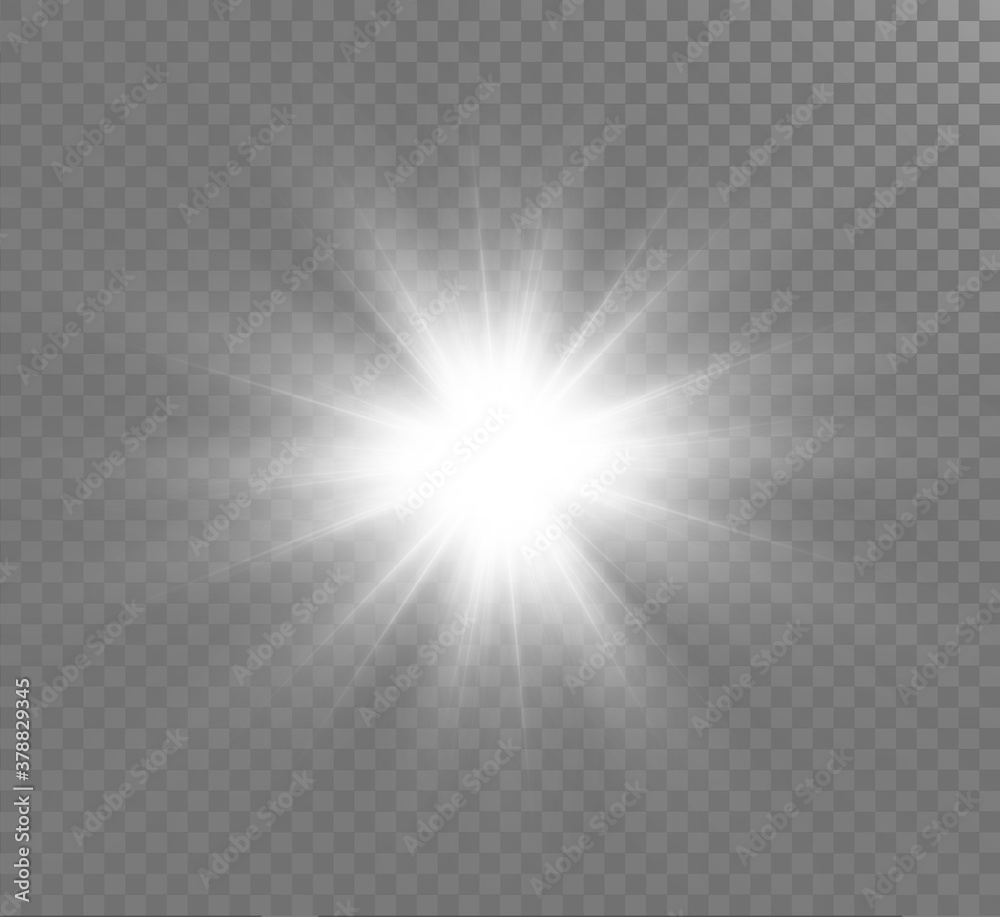 Obraz premium White glowing light explodes on a transparent background. Sparkling magical dust particles. Bright Star. Transparent shining sun, bright flash