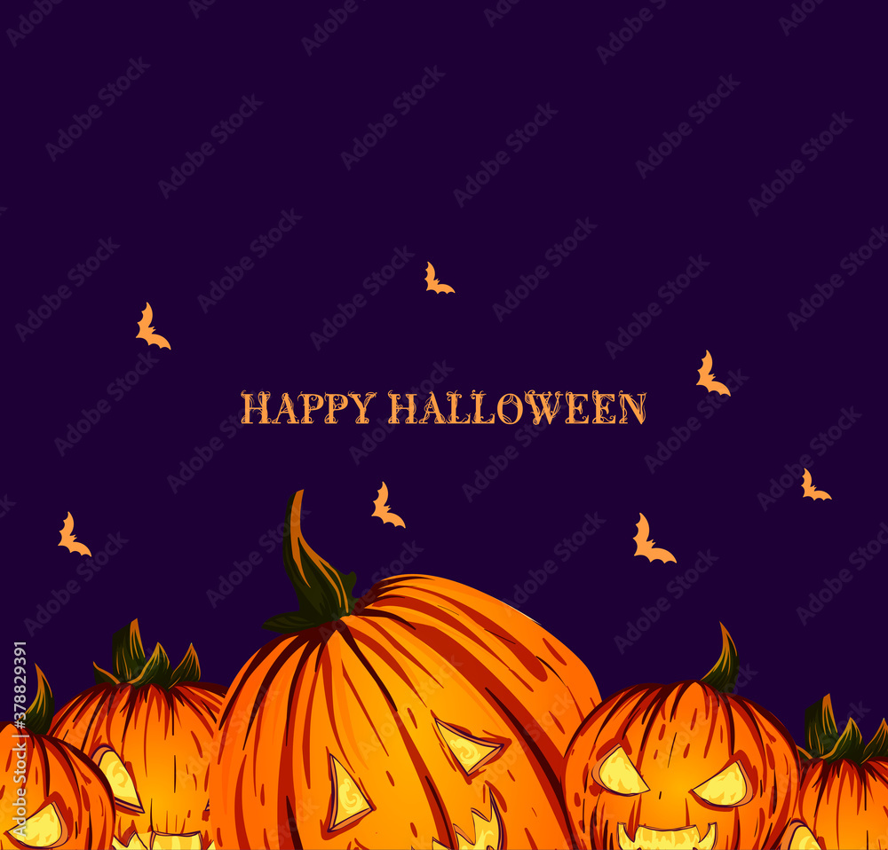 
stylized Halloween poster design. Image of different and emotional pumpkins and bat on a blue background  . Perfect for postcards, flyers, invitations. EPS10