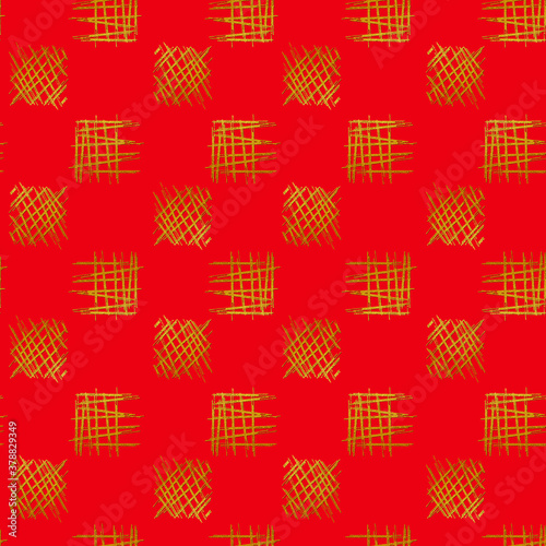 seamless pattern of Golden glitter squares on a red background