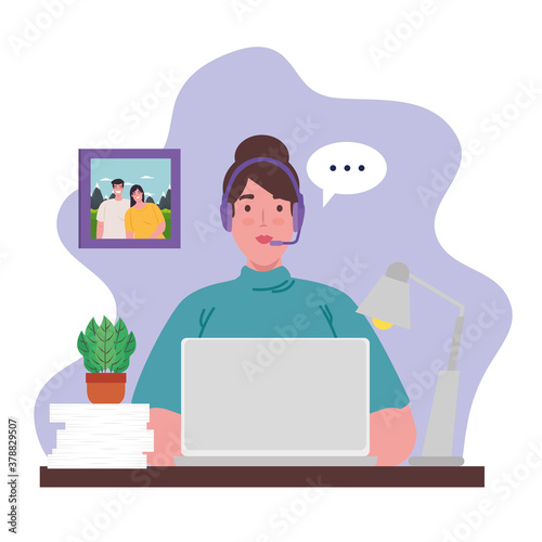 telework, agent female call center working from home vector illustration design