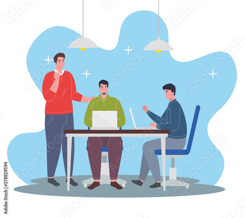 coworking space, young men with laptops with desk, team working concept vector illustration design