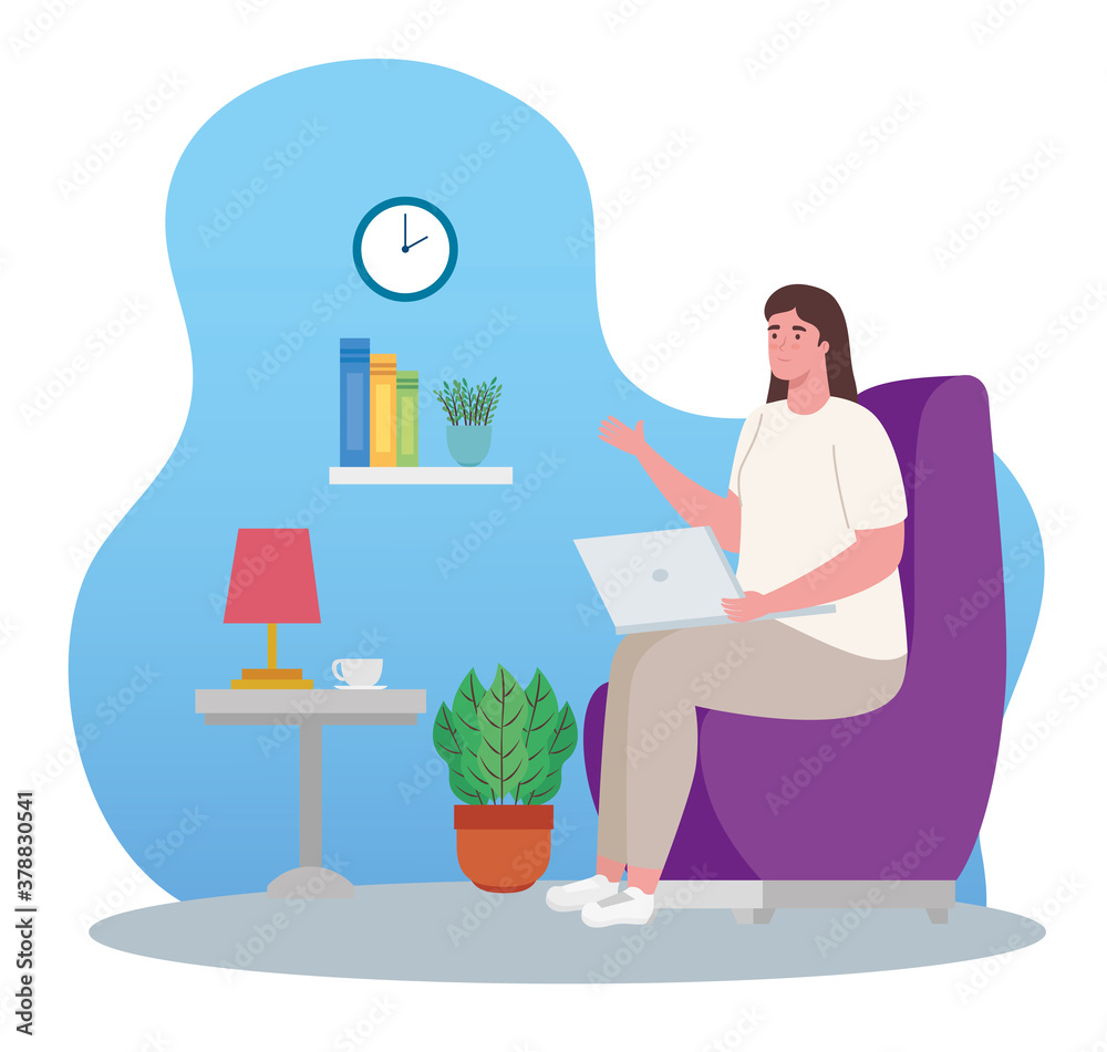 telework, young woman with laptop, working from home vector illustration design