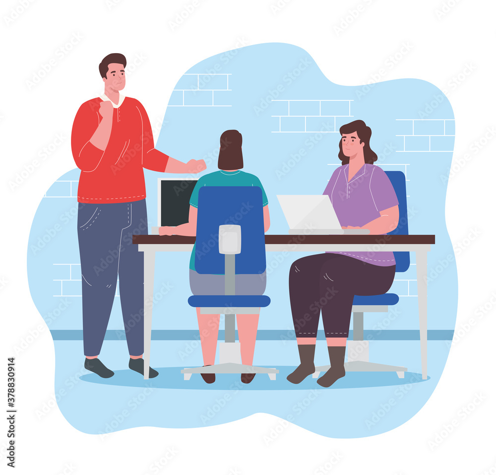 coworking space, women and man with laptops in big desk, concept of team working vector illustration design coworking space, women and man with laptops in big desk, concept of team working vector illustration design