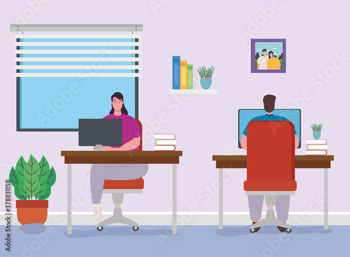 telework, couple working from house, home office concept vector illustration design