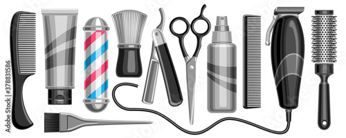 Vector set for Hair Salon and Barbershop, 11 isolated monochrome illustrations for womans and mans hair care on white background.