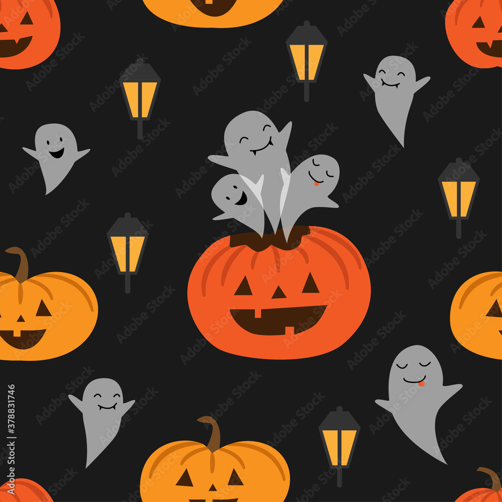 Seamless vector pattern with pumpkins, lantern and ghosts. 
