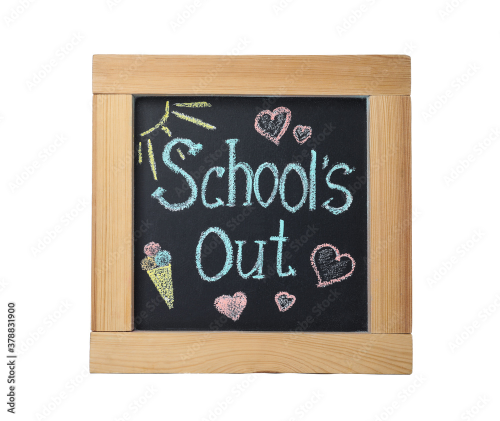Fototapeta premium Blackboard with words School's Out and pictures isolated on white. Summer holidays