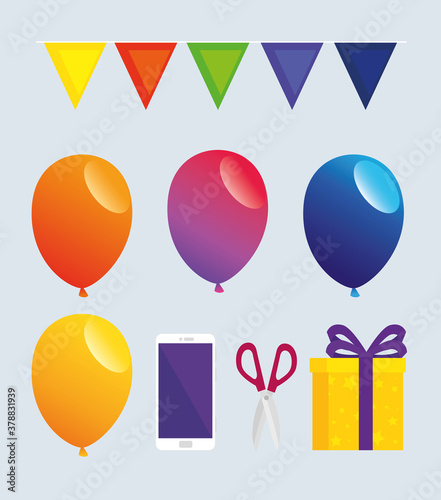 party icons with smartphone, balloons helium, gift box, scissors and garlands hanging vector illustration design Free Download party icons with smartphone, balloons helium, gift box, scissors and garlands hanging vector illustration design - GFXLoad