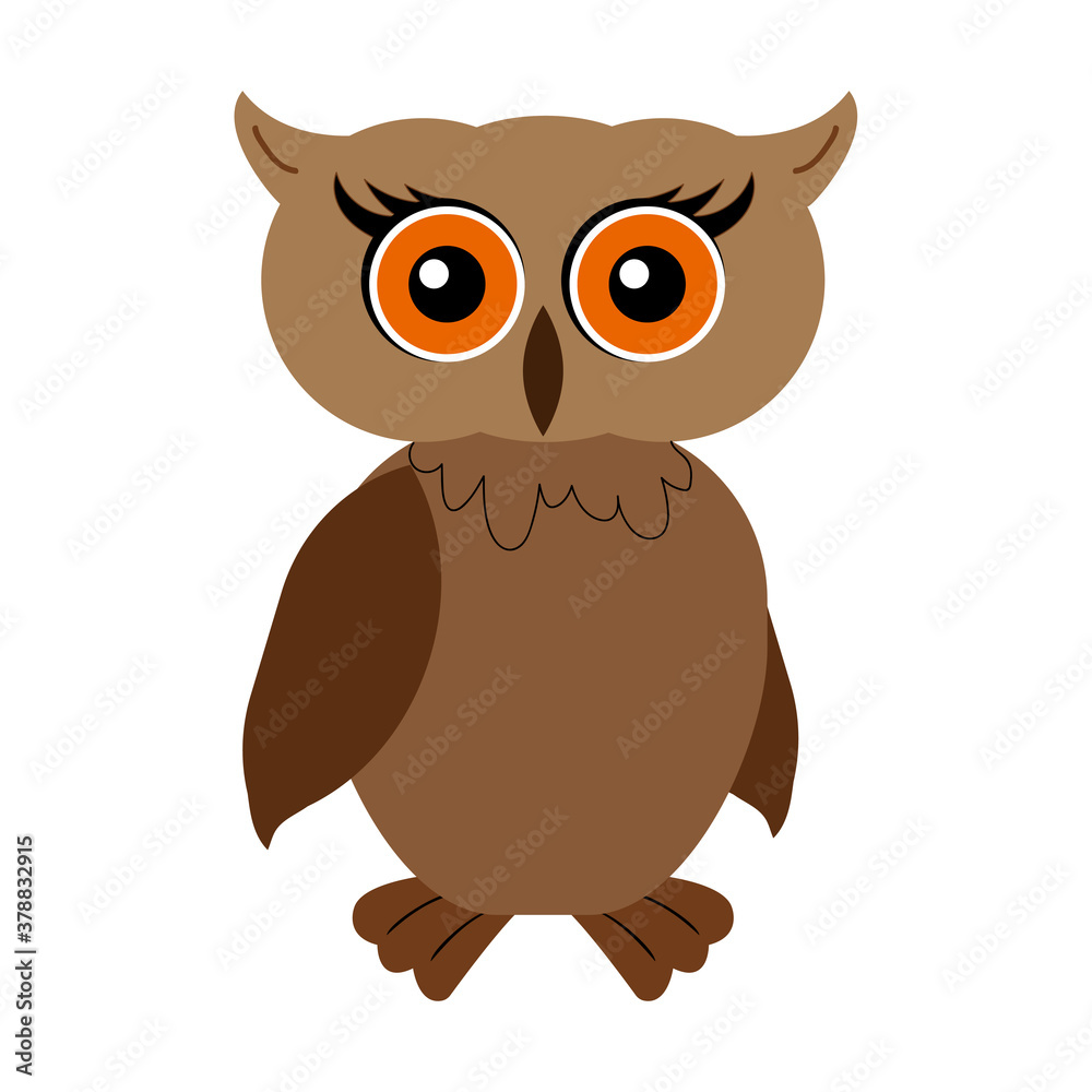 Colorful Filin Owl brown Bird cartoon. Outlined vector illustration icon. Flat style. Logotype or for coloring antistress.