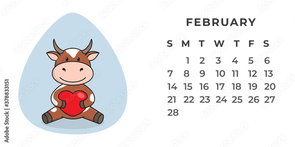 Desktop calendar page for February 2021. The ox is a symbol of the year 2021 according to the Eastern or Chinese calendar. Vector stock, ready-to-print template.