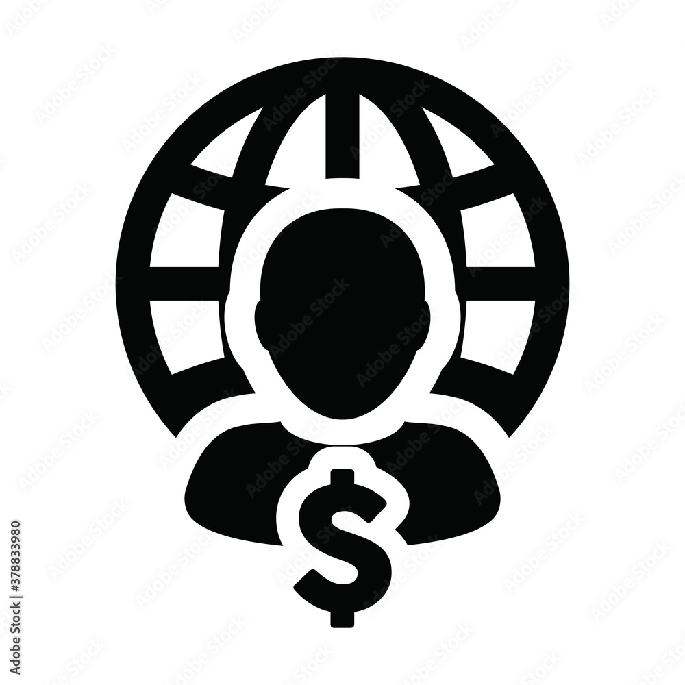 Economy icon vector globe dollar sign currency money with male person profile avatar symbol for a business network in a flat color glyph pictogram illustration Economy icon vector globe dollar sign currency money with male person profile avatar symbol for a business network in a flat color glyph pictogram illustration