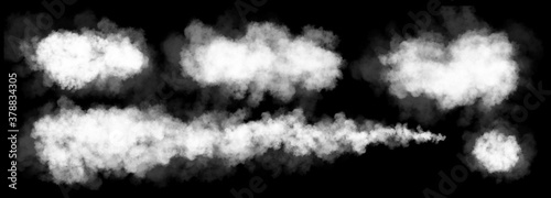 Set of white fog or smoke on dark background, smoke effect for your photos.
