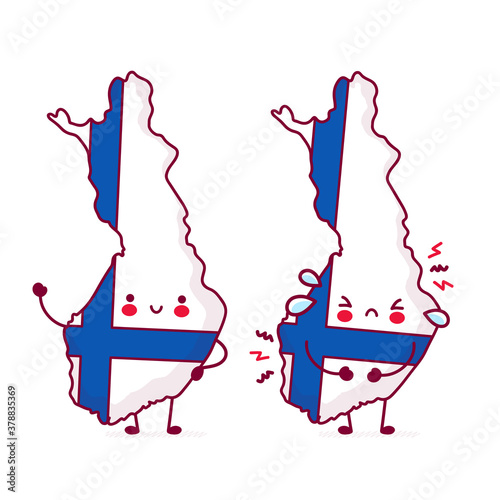 Cute happy and sad funny Finland map and flag
