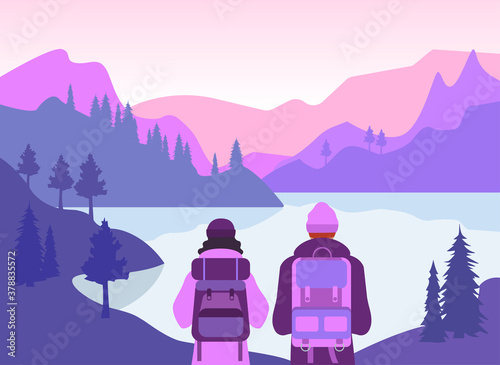 Illustration of journey in mountains. Couple of lovers with backpacks and dressed in warm clothes going to travel in mountains.