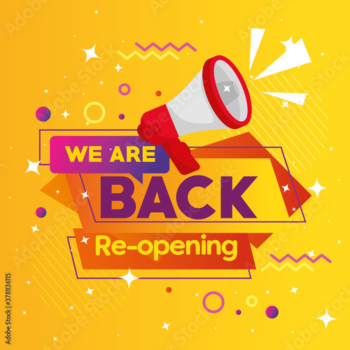 banner of we are back reopening with megaphone vector illustration design