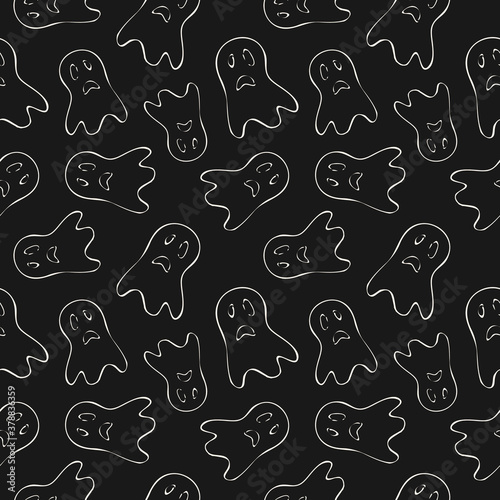 Halloween vector seamless pattern. Black and white abstract texture with scary face  ghost silhouette. Simple monochrome linear background. Creepy funny dark design for decor  print  wrapping  cover