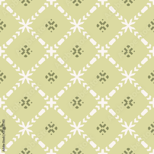 Green vector ornamental seamless pattern. Elegant geometric ornament texture with flower silhouettes, crosses, grid, lattice. Abstract floral background. Subtle repeat design for wallpapers, wrapping