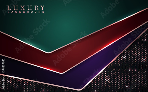 Luxury background with abstract paper shape and purple, green, red, black color. Overlap texture golden light element decoration. Vector graphic can use for greeting card, invitation, banner party