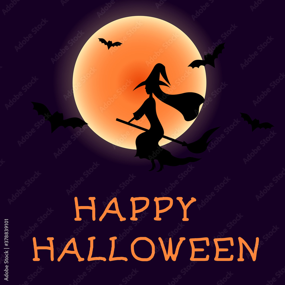 Happy Halloween. Vector illustration. Witch on a broomstick, bats. Congratulatory signature.