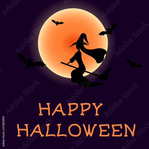 Happy Halloween. Vector illustration. Witch on a broomstick, bats. Congratulatory signature.